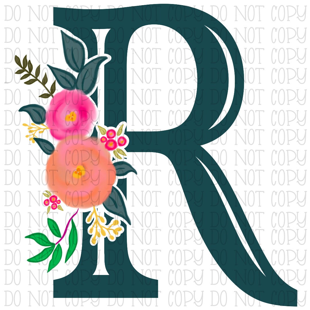 Floral Letter R Teal Green Blue