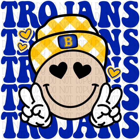 B Trojans Royal Blue and Gold - Hippie Smile Face Peace Sign School Sports Team