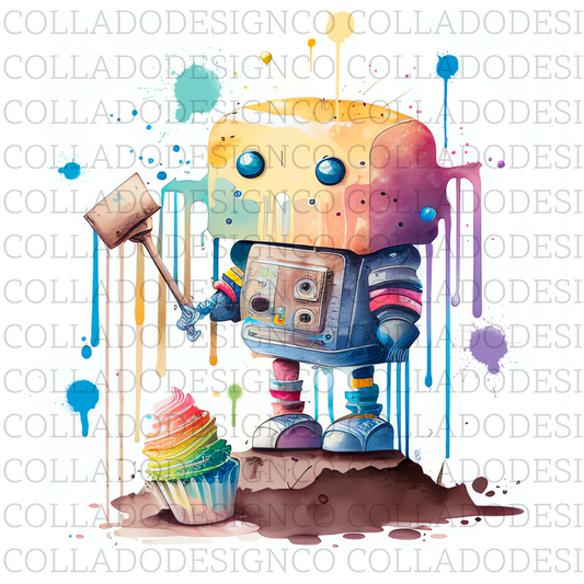 Robot - Watercolor - Birthday Cupcake - Paint