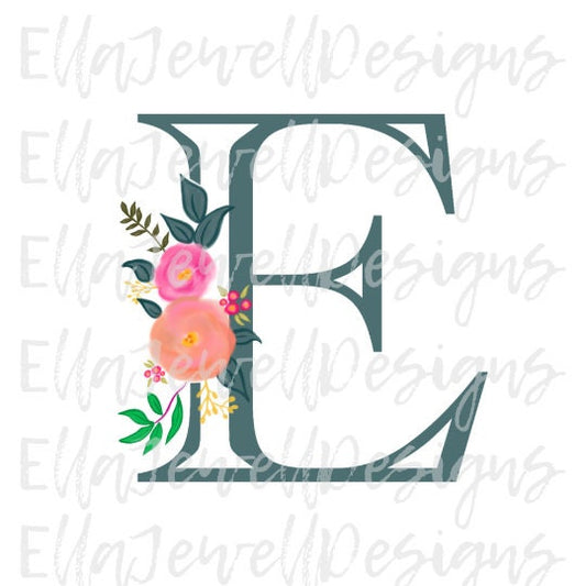 Floral Letter E Blue and Green