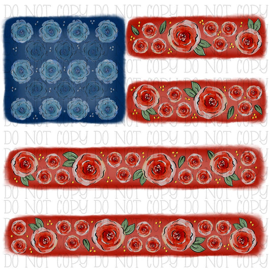 Floral Watercolor Flag Red White Blue USA